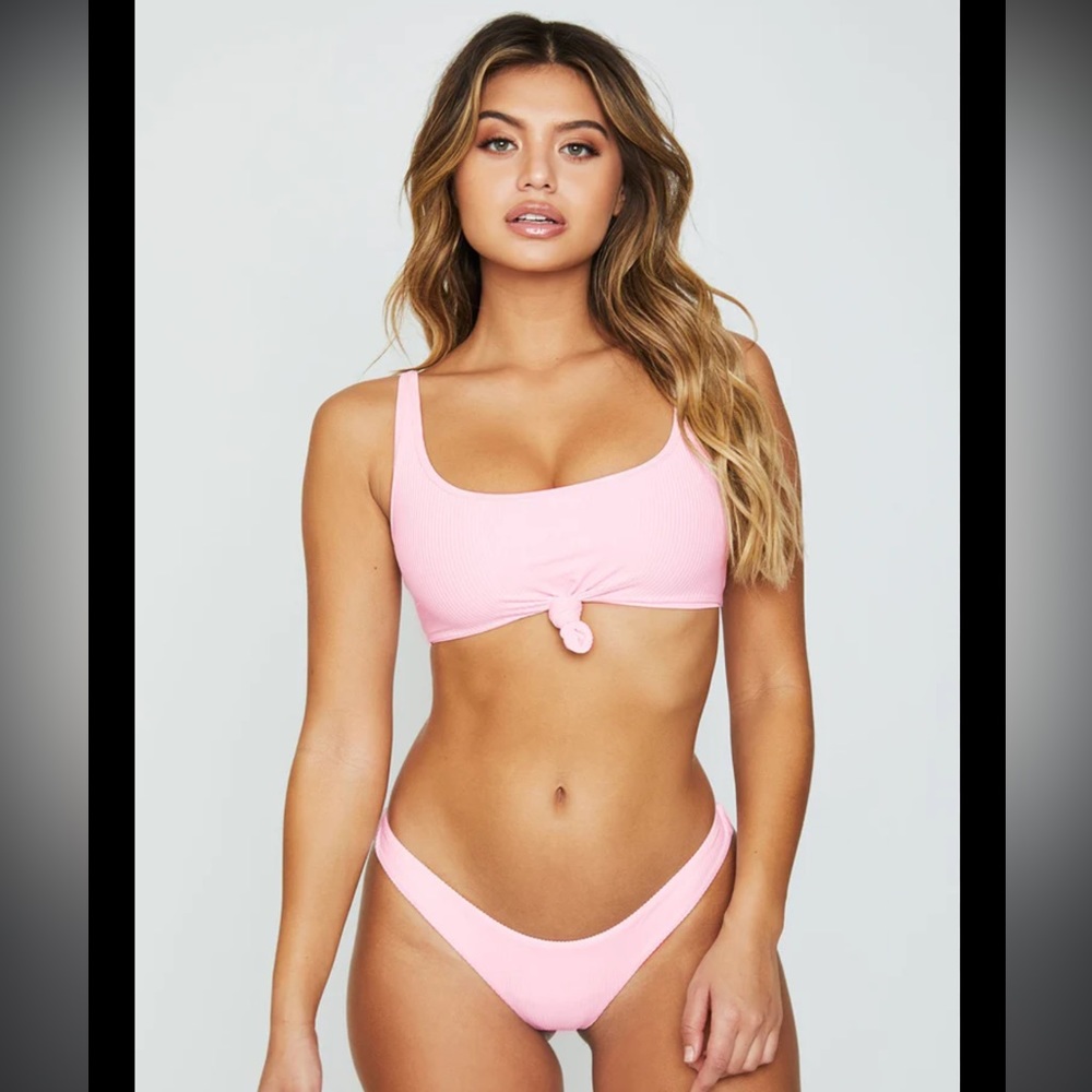 FRANKIES BIKINIS GREER RIBBED KNOT FRONT & CHEEKY BOTTOMS BIKINI SET - pink